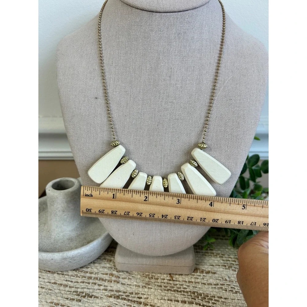 Vintage Plunder Design Cream Wood Tab Statement Necklace Gold Tone Adjustable